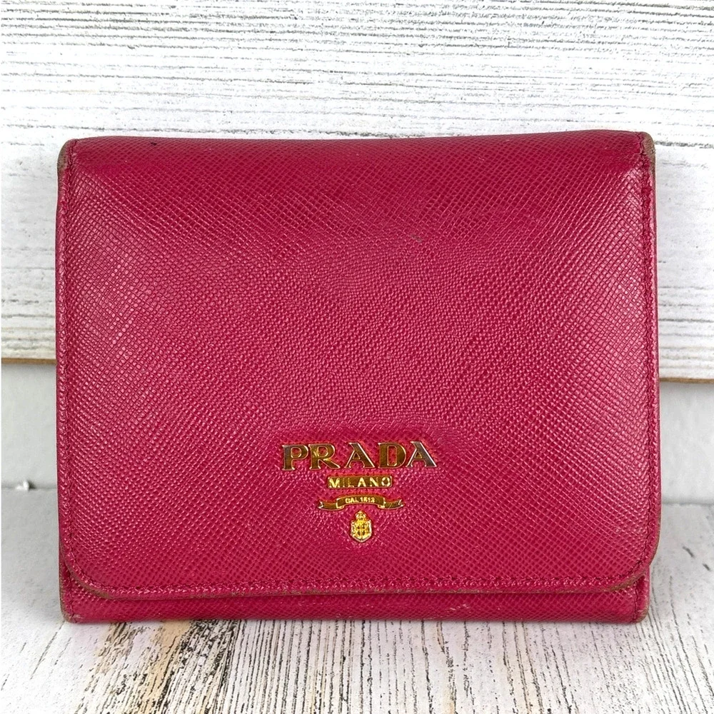 Prada Womens Pink Saffiano Leather Tri Fold Wallet Card Holder Italy Luxury